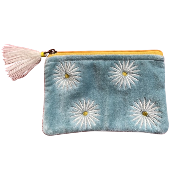 Velvet Daisies On Aqua Zipper Pouch Purse - SMALL