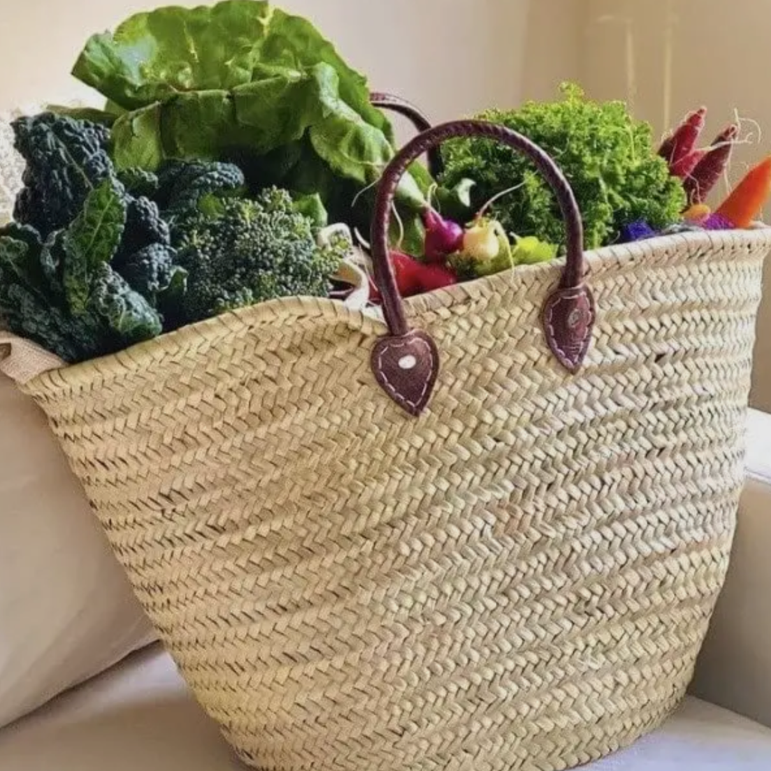 XL French Straw Bag with Dark Brown Handles