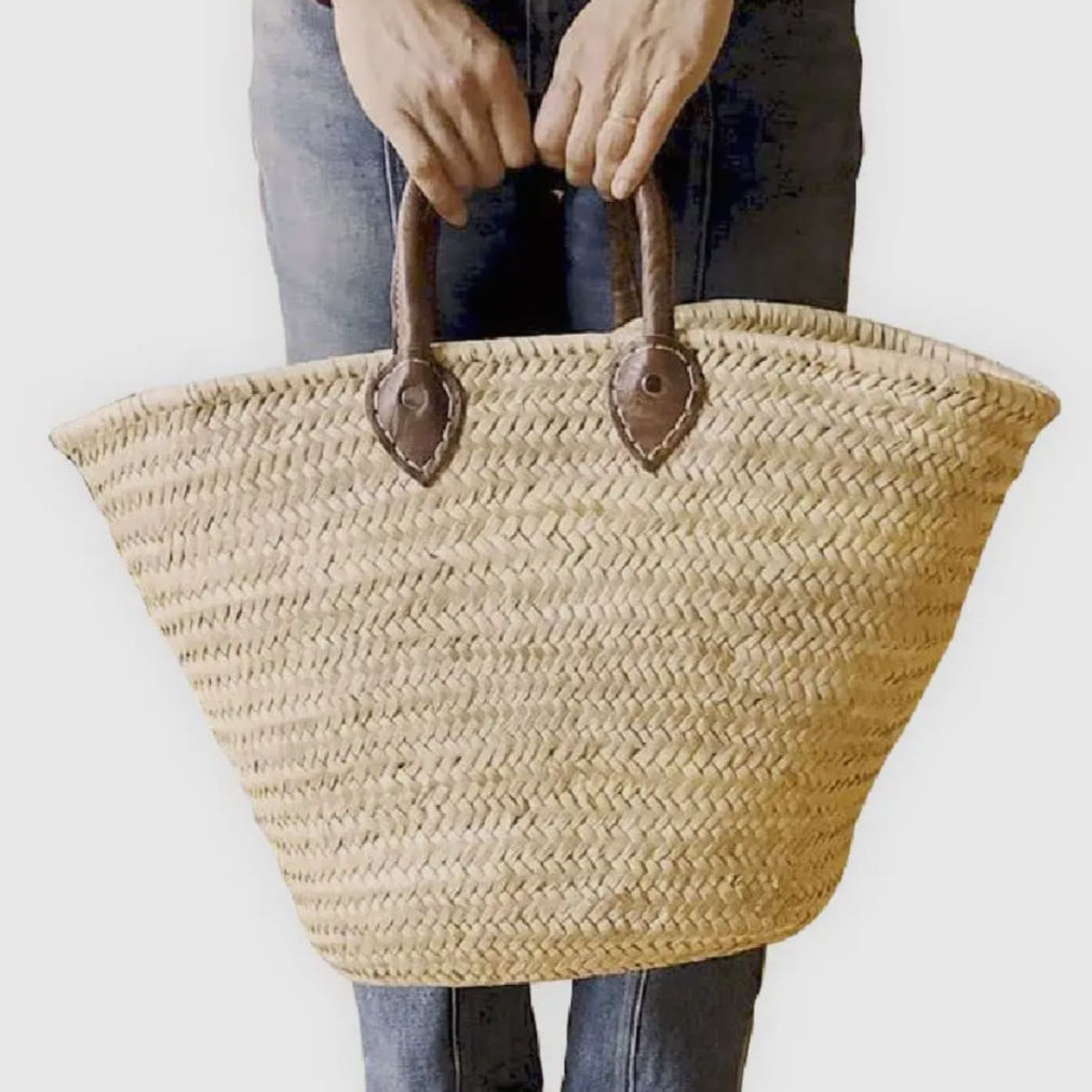 XL French Straw Bag with Dark Brown Handles