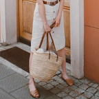XL French Straw Bag with Single Long Dark Brown Handle