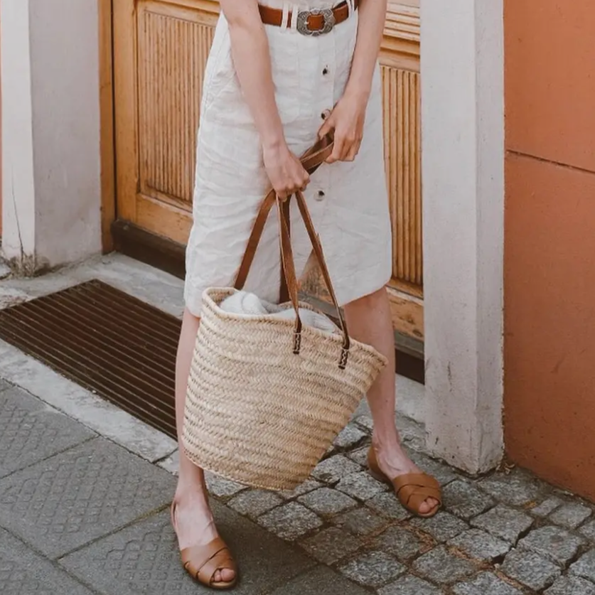 XL French Straw Bag with Single Long Dark Brown Handle
