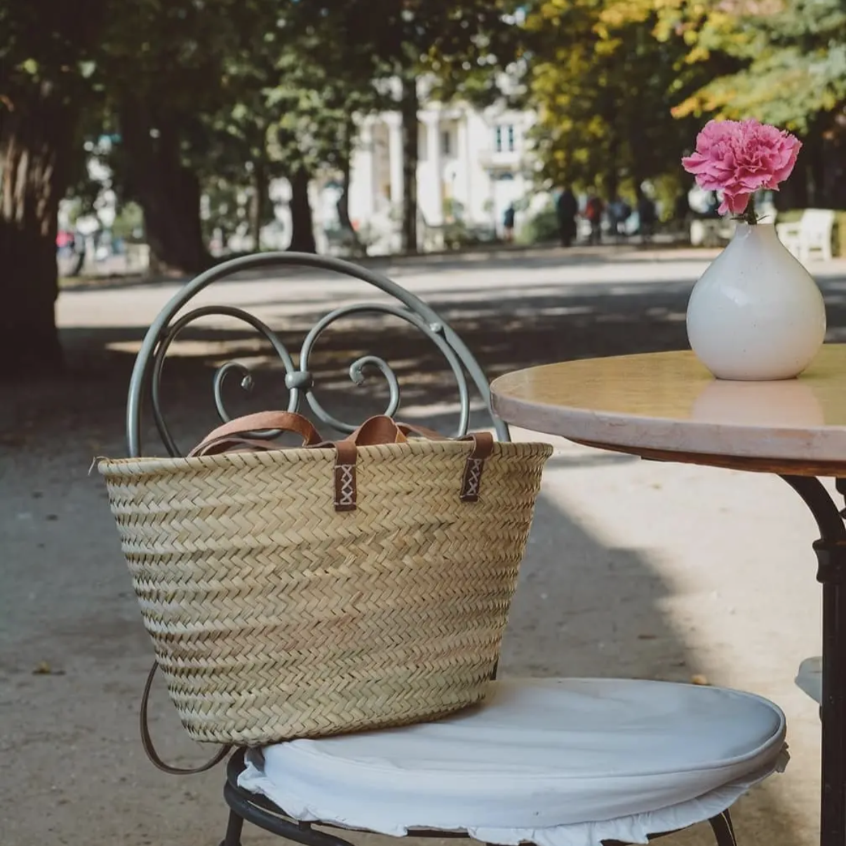 XL French Straw Bag with Single Long Dark Brown Handle