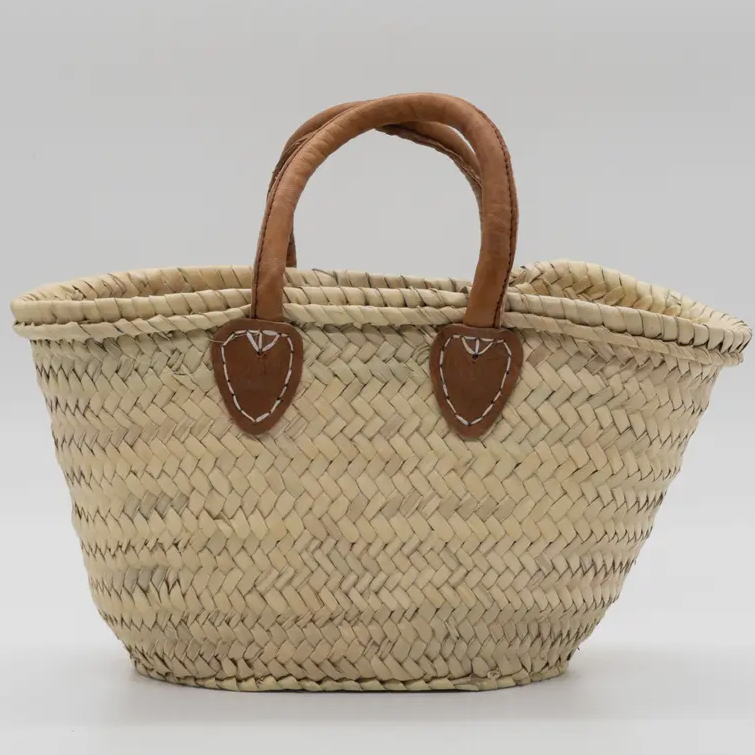 Small French Straw Bag with Cognac Handles