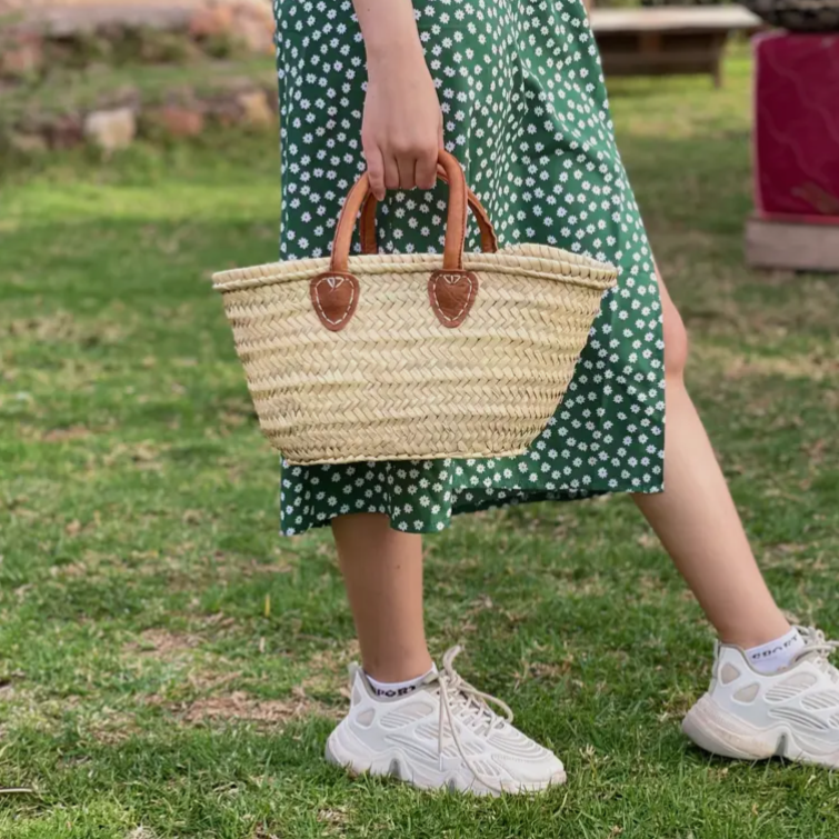 Small French Straw Bag with Cognac Handles