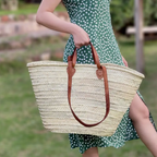 Large French Straw Bag with Double Cognac Handles