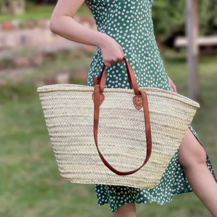 Large French Straw Bag with Double Cognac Handles