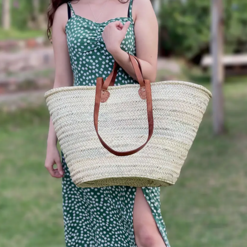 Large French Straw Bag with Double Cognac Handles