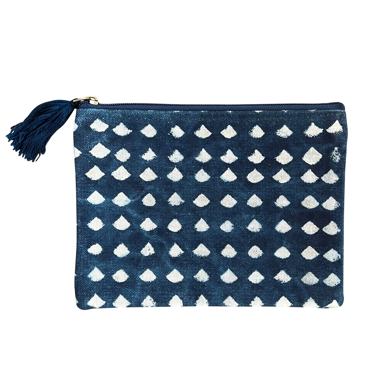 Navy White Block Print Durable Cotton Zipper Pouch  Purse