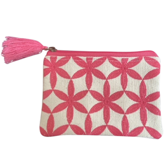 Pink White Circle Diamonds Design Cotton Zipper Pouch Purse